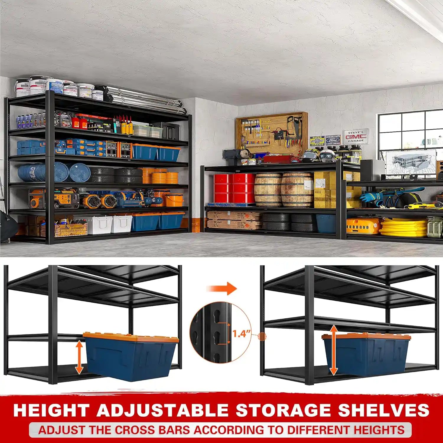 REIBII 84"H 3600LBS Heavy Duty Industrial Garage Shelving,6-Tier Adjustable Easy Installation Storage Shelving Units For Basement&Warehouse