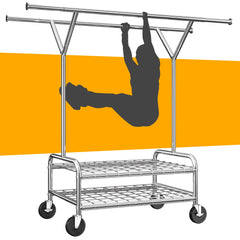 Raybee 62.9"W 300 LBS Rolling Wardrobe Rack, Double Rods Clothing Racks for Hanging Portable& Adjustable, Commercial,Bedroom