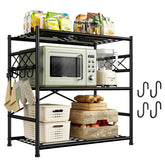 Black metal kitchen rack with microwave, appliances, and food items on a white background