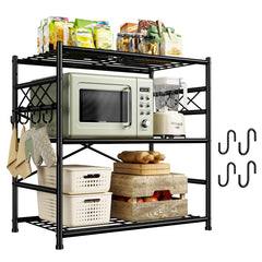Black metal kitchen rack with microwave, appliances, and food items on a white background