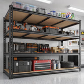 Wide garage shelves designed for large storage bins and heavy equipment