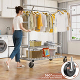 Raybee 70"H 630LBS Clothes Rack On Wheels, Adjustable Garment Rack , Commercial Metal Clothing Rack with Shelves, Chrome