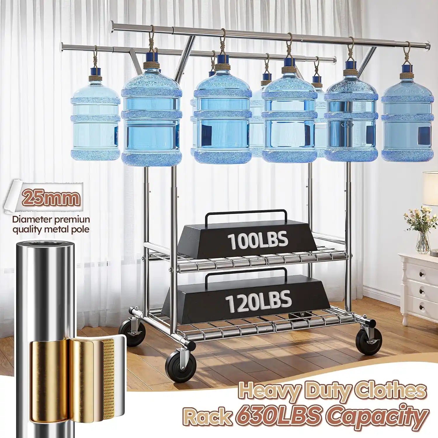 Raybee 70"H 630LBS Clothes Rack On Wheels, Adjustable Garment Rack , Commercial Metal Clothing Rack with Shelves, Chrome