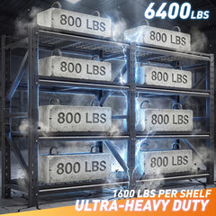 REIBII 86.6"W Heavy‑Duty 4‑Tier Industrial Metal Storage Shelving, 6400 LBS Total Load, Dense Grid Deck, Adjustable Shelves for Garage Warehouse Workshop