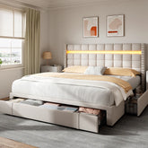 Reibii 900 lbs Heavy-Duty Upholstered Bed Frame with 3 Storage Drawers, LED Light Strip & Adjustable Headboard