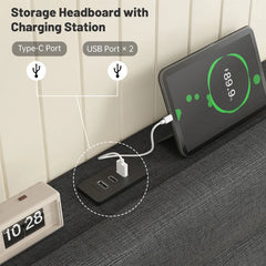 Reibii 880LBS Upholstered Bed Frame, Adjustable Headboard with Charging Station, Noise-Free & Easy Assembly