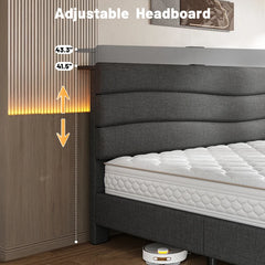 Reibii 880LBS Upholstered Bed Frame, Adjustable Headboard with Charging Station, Noise-Free & Easy Assembly