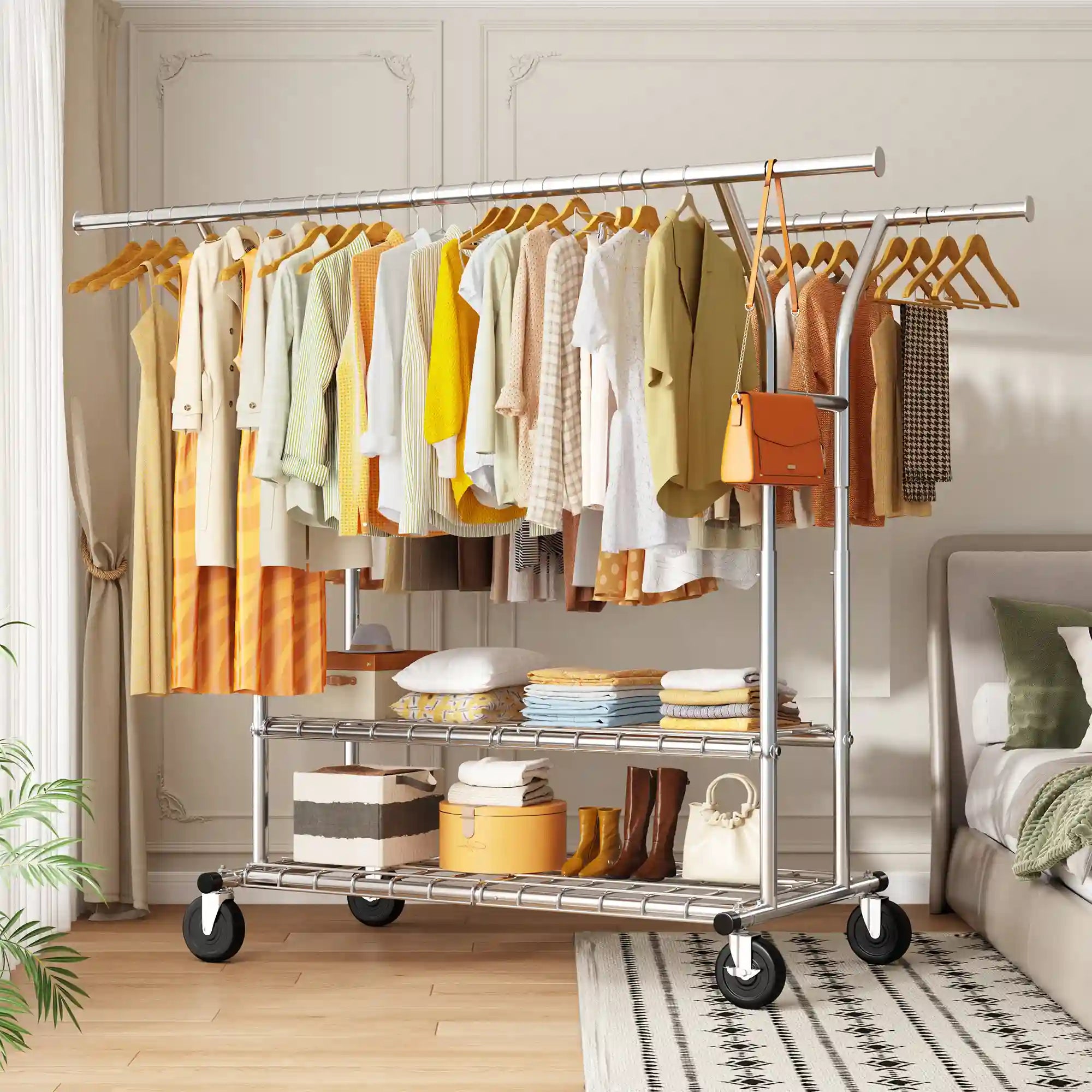 Raybee 70"H 630LBS Clothes Rack On Wheels, Adjustable Garment Rack , Commercial Metal Clothing Rack with Shelves, Chrome