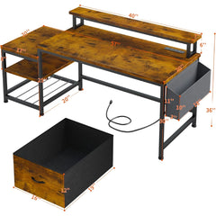 57"W Gaming Computer Desk with Monitor Stand Shelves, Modern Office Desk with Drawers