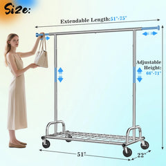 Raybee Heavy Duty Extendable Clothes Rack, 75"W Adjustable Rolling Garment Rack with Storage Shelf, 360° Lockable Wheels & Tool-Free Assembly for Bedroom Dorm Laundry