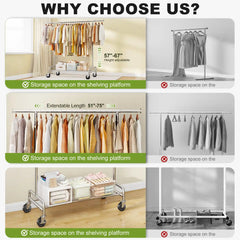 Raybee Heavy-Duty Rolling Clothes Rack, 75" Extra Wide 67"H Garment Rack with Shelf & 4 Side Hooks | 450LBS Capacity, Extendable Hanging Bar, 360° Lockable Casters, Side Hooks