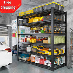 REIBII 48"W Heavy Duty Garage Shelving 6+1-Tier Adjustable Metal Shelves with Grid Plates for Basement Warehouse Garage