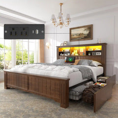 Reibii 900lbs Platform Bed Frame with Storage Headboard & 4 Drawers, LED Lighting with USB Charging