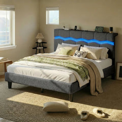 Reibii Boucle Bed Frame with LED Lights & Charging Station, 880 LBS, Modern Wave Design, Noise-Free, Easy Assembly