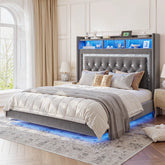 Reibii Velvet Floating Bed Frame, High Headboard with Smart LED Lights & Charging Station, No Box Spring Needed, Easy Assembly, Noise-Free