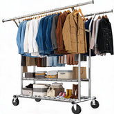 Raybee 74"W Heavy Duty Clothes Rack on Wheels, 630LBS Adjustable Double Rod Garment Rack, Chrome Metal Commercial Clothing Rack with Storage Shelves