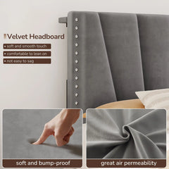 Reibii Upholstered Bed Frame with Storage Headboard, Charging Station & LED Lights, 881LBS Velvet Platform Bed, Noise-Free, Easy Assembly