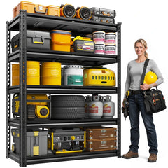Heavy duty metal storage shelving unit with five tiers provides versatile organization for garages, warehouses, pantries, and workshops with durable steel construction.