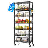 REIBII 7-Tier Rolling Wire Shelving Unit, 600LBS Adjustable Storage Rack with Deep Basket, Locking Wheels and Side Hooks, Tool-Free Assembly for Kitchen Pantry Closet