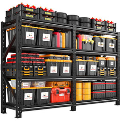 REIBII 86.6"W Heavy‑Duty 4‑Tier Industrial Metal Storage Shelving, 6400 LBS Total Load, Dense Grid Deck, Adjustable Shelves for Garage Warehouse Workshop