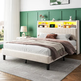 Reibii Multi-Tier Storage Upholstered Bed Frame with Velvet Headboard, LED Lights & Charging Station, Noise-Free, No Box Spring Needed