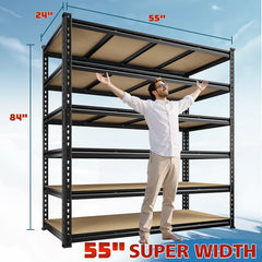 Reibii 55" W x 24" D Garage Shelving Units, 6-Tier Adjustable Metal Storage Shelves, 3060LBS Steel Shelving for Garage Basement Commercial