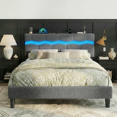 Reibii Boucle Bed Frame with LED Lights & Charging Station, 880 LBS, Modern Wave Design, Noise-Free, Easy Assembly