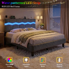 Reibii Boucle Bed Frame with LED Lights & Charging Station, 880 LBS, Modern Wave Design, Noise-Free, Easy Assembly