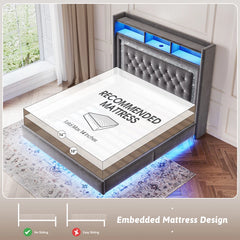 Reibii Velvet Floating Bed Frame, High Headboard with Smart LED Lights & Charging Station, No Box Spring Needed, Easy Assembly, Noise-Free
