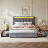Reibii Velvet Upholstered Bed Frame with LED Lights, 4 Storage Drawers & Adjustable Headboard, 1000 lbs Heavy-Duty Support, Easy Assembly