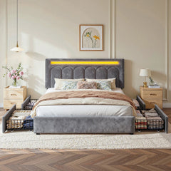 Reibii Velvet Upholstered Bed Frame with LED Lights, 4 Storage Drawers & Adjustable Headboard, 1000 lbs Heavy-Duty Support, Easy Assembly