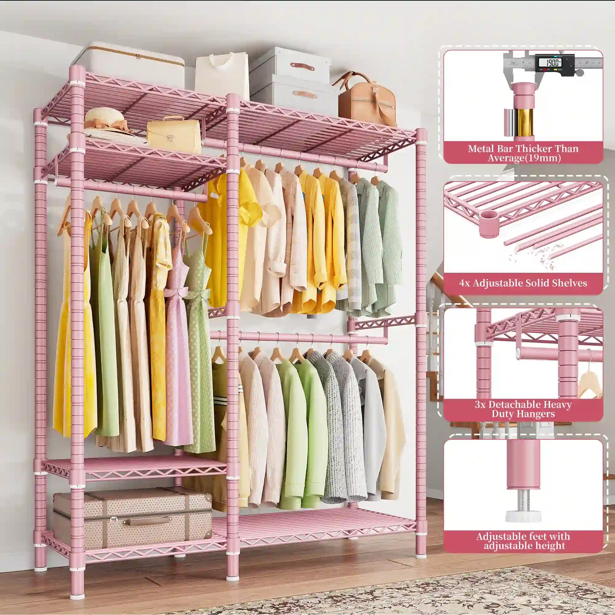 Raybee Heavy Duty Wire Garment Rack,Garment Rack For Hanging,Adjustable Portable Clothes Rack,For Bedroom