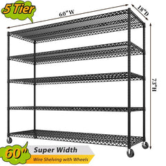 Reibii 60" W x 73" H Wire Storage Shelves on Wheels, 5-Shelf Adjustable, 3200lbs Heavy Duty Metal Shelving for Garage Kitchen Pantry