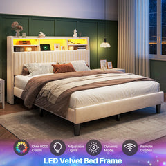 Reibii Multi-Tier Storage Upholstered Bed Frame with Velvet Headboard, LED Lights & Charging Station, Noise-Free, No Box Spring Needed