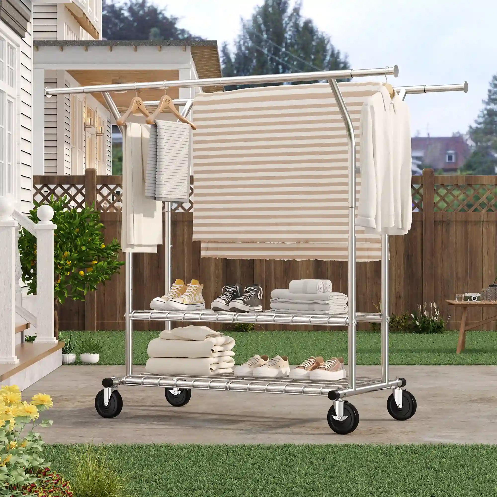 Raybee 70"H 630LBS Clothes Rack On Wheels, Adjustable Garment Rack , Commercial Metal Clothing Rack with Shelves, Chrome