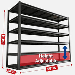 55 inch wide garage storage shelves maximize vertical space with deep tiers for storing large bins, tools, and household equipment.