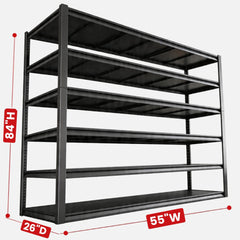 55 inch wide garage storage shelves maximize vertical space with deep tiers for storing large bins, tools, and household equipment.