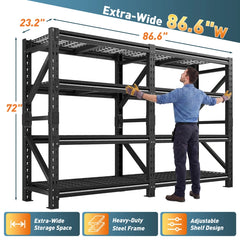 REIBII 86.6"W Heavy‑Duty 4‑Tier Industrial Metal Storage Shelving, 6400 LBS Total Load, Dense Grid Deck, Adjustable Shelves for Garage Warehouse Workshop