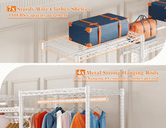 This Raybee portable clothes rack with shelves comes with 7 wire shelving & 4 metal hanging rods for your bedroom organization