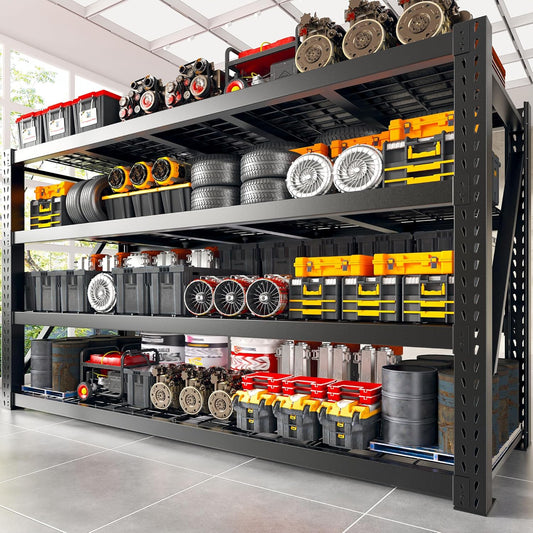77" W Storage Shelves Heavy Duty Garage Shelving 8500LBS 4 Tier Metal Shelving Unit, Adjustable Shelves, Steel Industrial Shelving for Basement Warehouse Commercial,77" W*24" D*72”H,Black