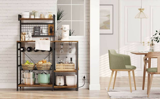EnHomee kitchen bakers rack provides you with a convenient storage solution that is both stylish and functional. With its sleek metal design, it is sure to add a modern touch to any kitchen.