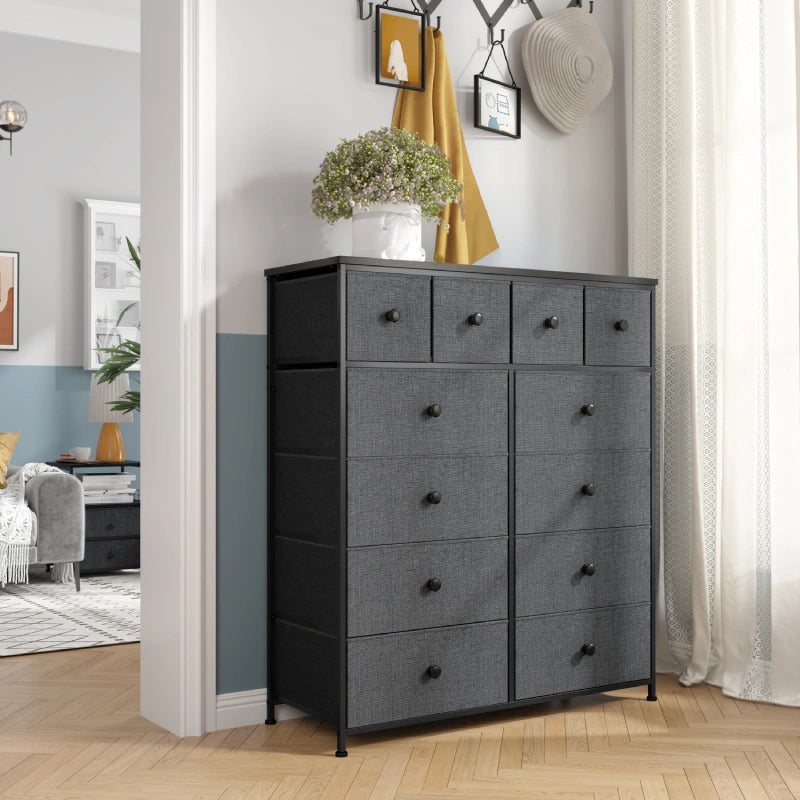 A light gray fabric dresser with 4 rows of 4 small drawers, white knobs, and white frame.