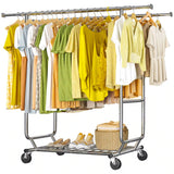 Raybee 75" W x 68"H Clothes Rack with Wheels, 630LBS Heavy Duty Commercial Garment Rack,Double Rolling Clothes Rack For Bedroom