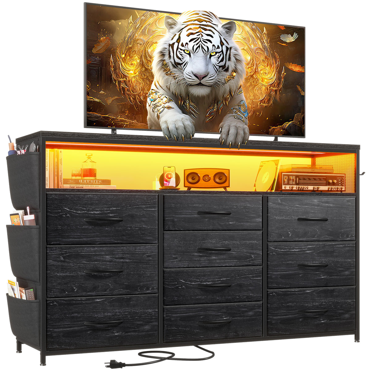55" Smart TV Stand & Dresser | 10-Drawer Storage w/ LED Lights & Outlets | Metal/Wood Frame (Charcoal Black)