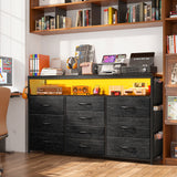 55" Smart TV Stand & Dresser | 10-Drawer Storage w/ LED Lights & Outlets | Metal/Wood Frame (Charcoal Black)