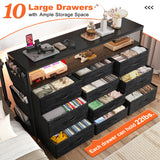 55" Smart TV Stand & Dresser | 10-Drawer Storage w/ LED Lights & Outlets | Metal/Wood Frame (Charcoal Black)