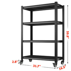 REIBII 59.8"H 4-Tier Rolling Storage Shelves, 530lbs Adjustable Pantry Shelves, Kitchen, Basement