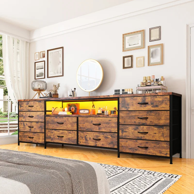 12-drawer TV stand dresser w/ power outlets & LED lights, open shelf, – Reibii 12-drawer TV stand dresser w/ power outlets & LED lights, open shelf, – Reibii