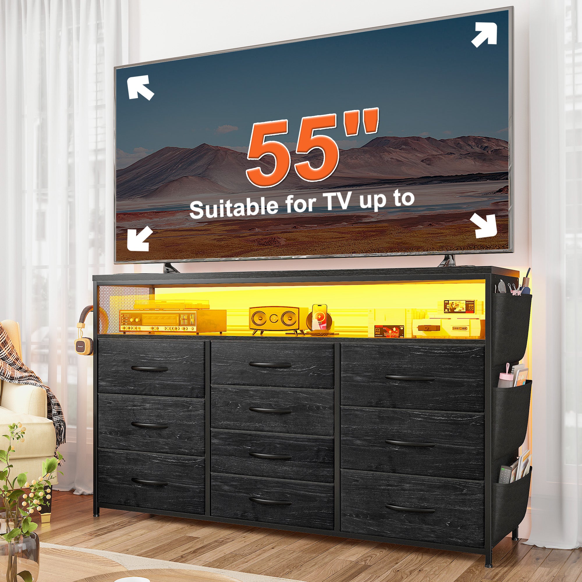 55" Smart TV Stand & Dresser | 10-Drawer Storage w/ LED Lights & Outlets | Metal/Wood Frame (Charcoal Black) 55" Smart TV Stand & Dresser | 10-Drawer Storage w/ LED Lights & Outlets | Metal/Wood Frame (Charcoal Black)