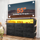 55" Smart TV Stand & Dresser | 10-Drawer Storage w/ LED Lights & Outlets | Metal/Wood Frame (Charcoal Black)